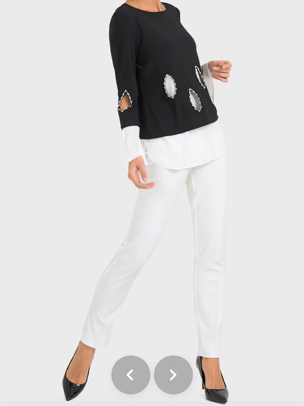 Joseph Ribkoff Black White Pearl Trim Embellished Oval Cutouts Blouse Size 8